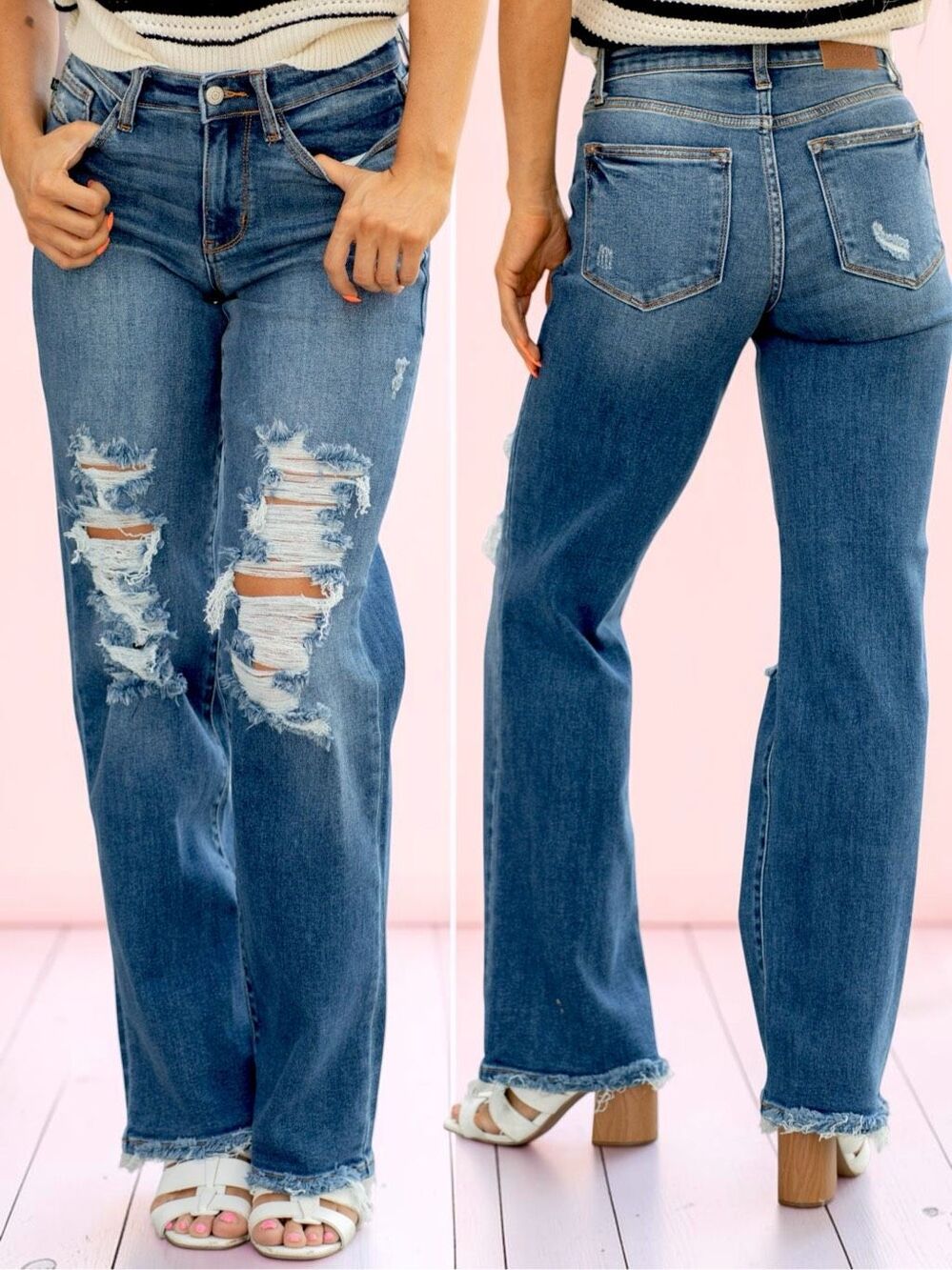 Judy Blue Dad Jeans Dark Wash Distressed Raw Hem Mid Rise Relaxed Straight NWT - Picture 2 of 15